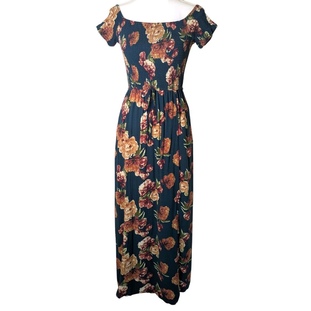 Xhileration Smocked Off The Shoulder Floral Green Maxi Dress Women S Bloomcore